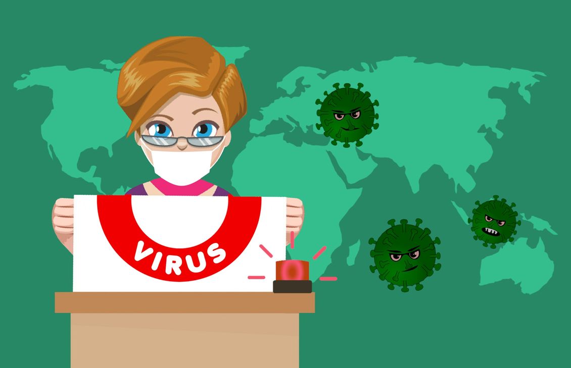 Zeichnung Frau am Rednerpult hält Plakat mit Aufschrift Virus
