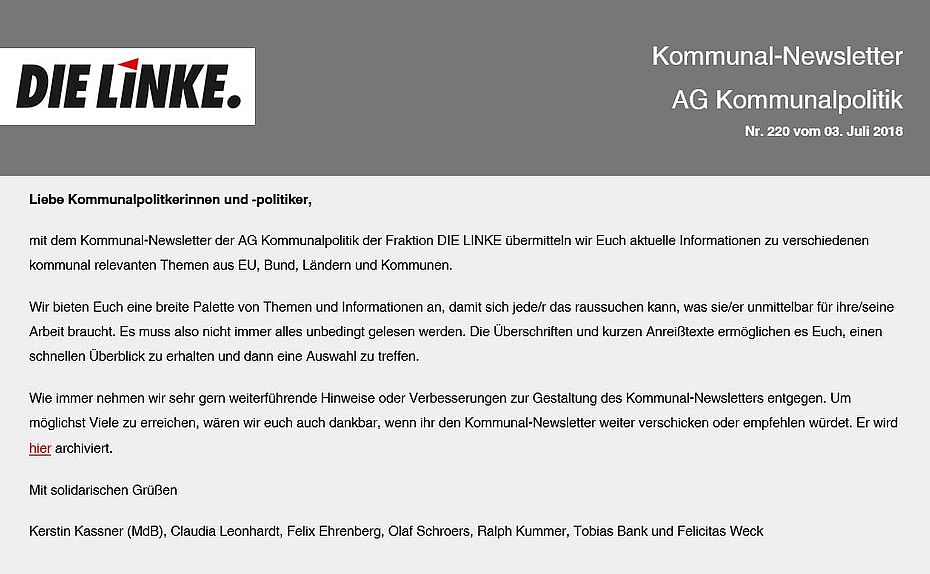 Screenshot von einem Newsletter - links oben Logo DIE LINKE - rechts oben Überschrift Kommunal-Newsletter AG Kommunalpolitik
