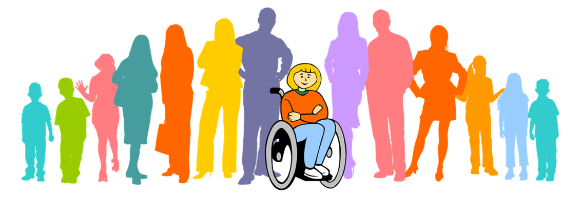 Zeichnung einer Person im Rollstuhl inmitten von weiteren Personen